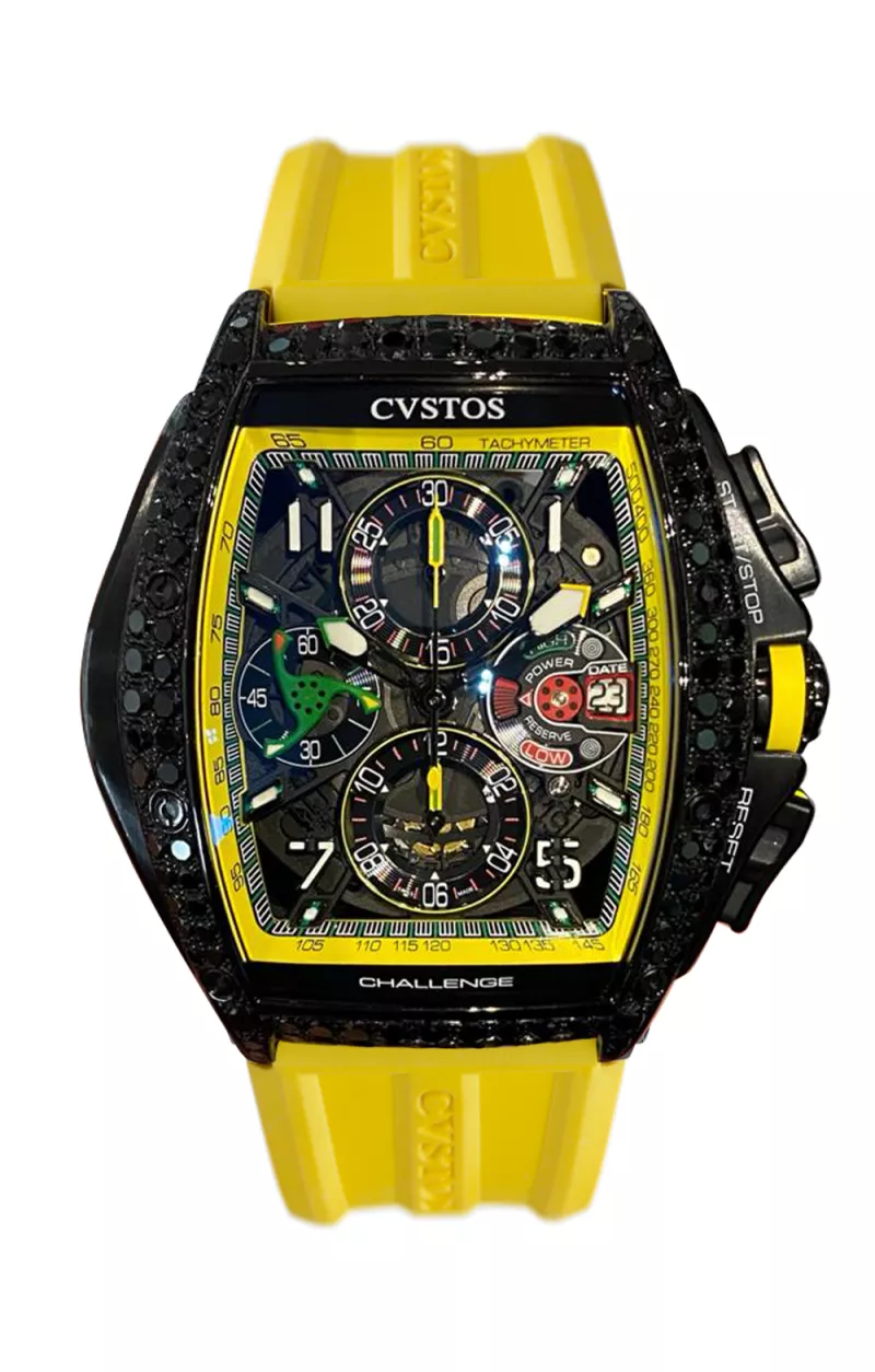 Cvstos the Time Keeper - Chrono Black Steel/2 Row Black Diamonds / Yellow