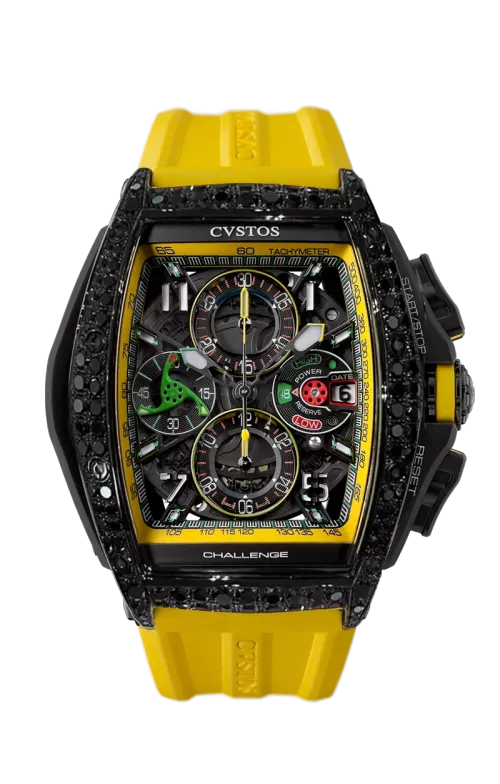 Cvstos the Time Keeper - Chrono Black Steel/2 Row Black Diamonds / Yellow