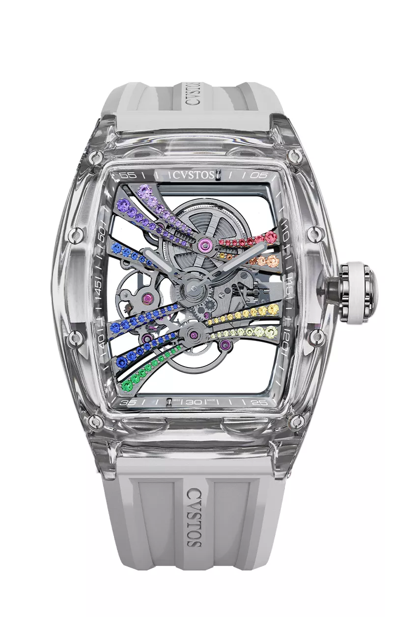 CHALLENGE PURITY SAPPHIRE/TI COMP/RH BRIDGES WITH RAINBOW