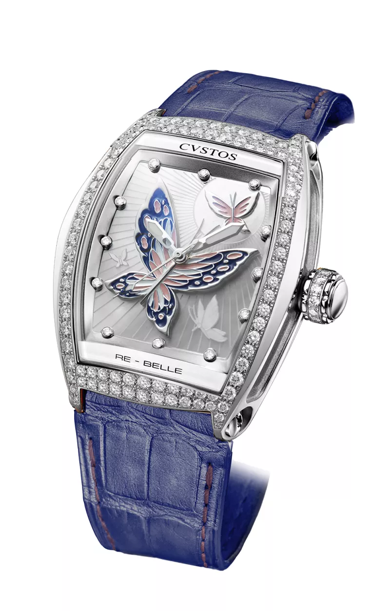 vstos the Time Keeper - Re-Belle Papillon Steel / Diamond 1 Row / Rose & Blue Butterfly / White MOP