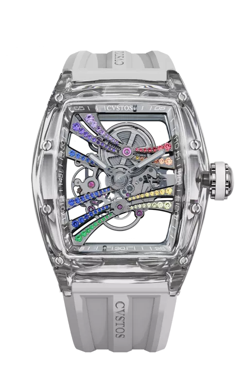 CHALLENGE PURITY SAPPHIRE/TI COMP/RH BRIDGES WITH RAINBOW